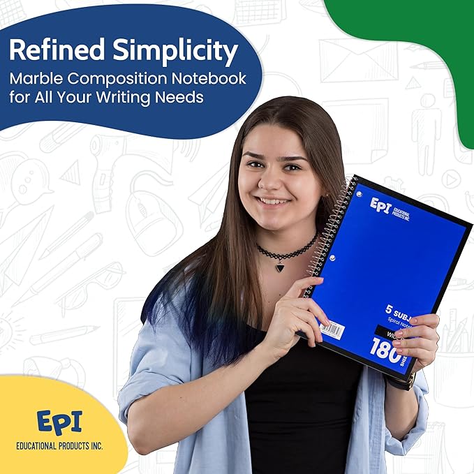 EPI Spiral Notebook | 5 Subject - Wide Ruled - 180 Sheets, Durable Spiral Binding | 10.5 x 8 in | Classroom Supplies | School, Office, Note Taking, Journaling - 24 Pack