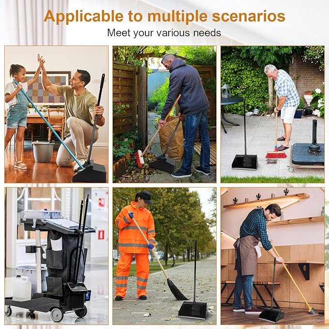 Leumoi 12 Pcs Dust Pans with Long Handle Set 36.6 Inch Commercial Dust Pan with Comb Large Plastic Stand up DustPans for Outdoor Indoor Restaurant Home Office Floor Cleaning (Black)