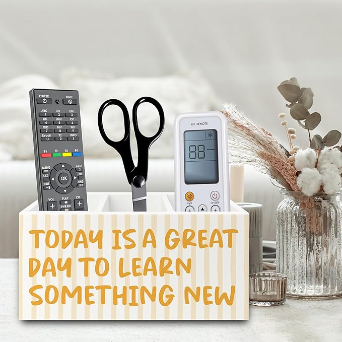 Inspirational Pen Pencil Holder Organizer for Desk, Motivational Gifts for Women, Today Is a Great Day to Learn Something New Wooden Box Sign for Home Office Desk Tabletop Decorations