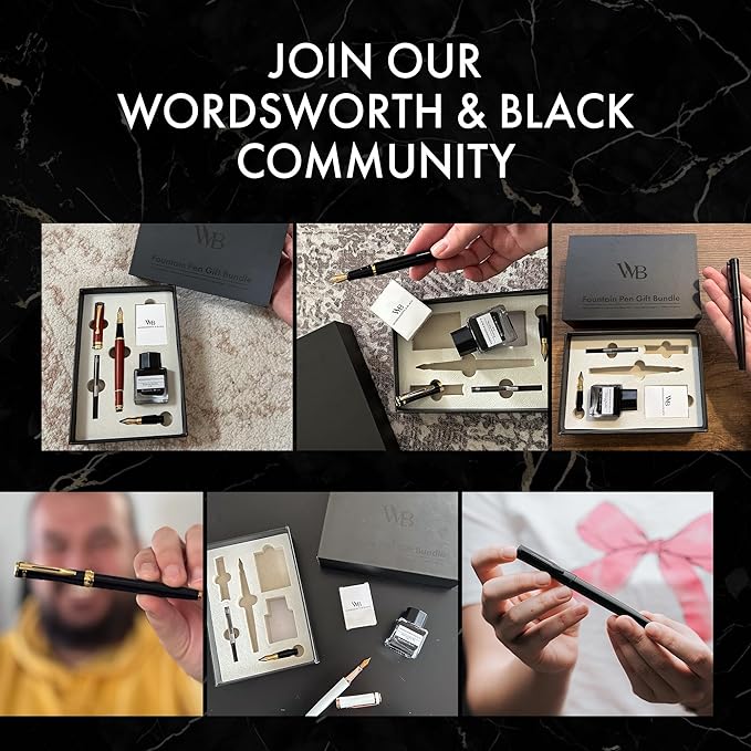 Wordsworth & Black Fountain Pen Set, 18K Gilded Medium and Extra Fine Nib, 25ML Black Ink Bottle, 6 Ink Cartridges,Refill Converter,Gift Box,Smooth Writing Pens [All Black],Gift Set for Men and Women