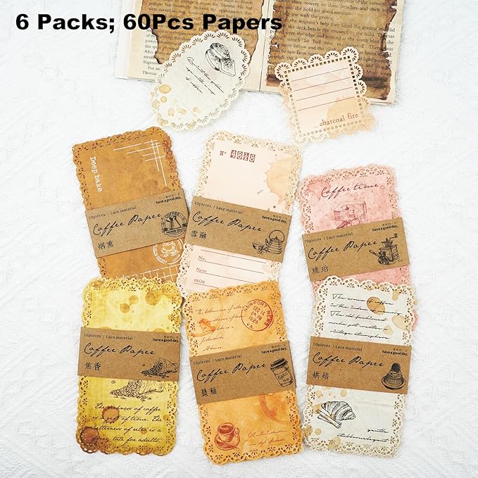 Coffee-Themed Lace Paper Set, 60 PCS Retro Lightweight Journaling Paper for Scrapbooking, DIY Crafts, Card Making, and Planners