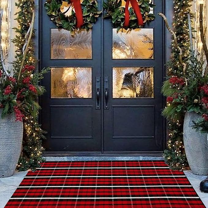 Buffalo Plaid Outdoor Rug, 3' x 5' Christmas Red & Black Check Indoor/Outdoor Area Rug, Layering Rug for Hello/Welcome Door Mat, Machine Washable Cotton Woven Farmhouse Mat for Front Porch Décor