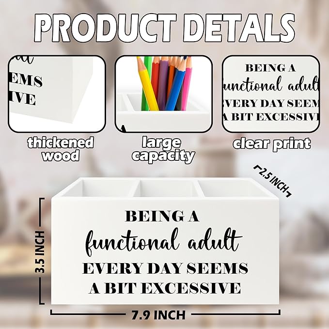 Funny Pen Pencil Holder Organizer for Desk, Sarcastic Gifts for Women Men Coworkers, Adult Humor Gifts, Being a Functional Adult Funny Wooden Box Sign for Home Office Desk Tabletop Decorations