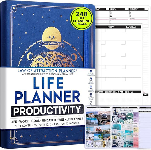 Law of Attraction Planner – Undated Hourly, Weekly & Monthly Goal Setting Planner, 12-Month to Increase Productivity | Life & Gratitude Journal, Include Foldable Vision Board, Gift Box & Stickers