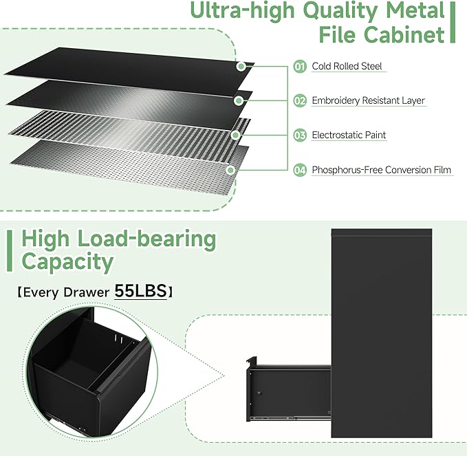 3-Drawer File Cabinet with Lock,Metal Vertical Filing Cabinets for Home Office,Under Desk File Cabinets for Letter/Legal/A4 Size Files,Easy Assemble,Black