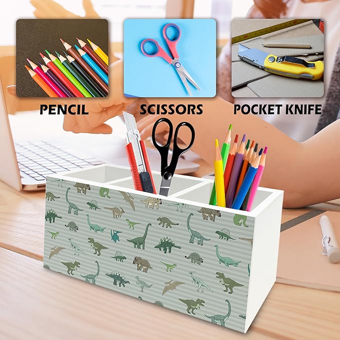 Dinosaur Gifts Pen Pencil Holder Organizer for Desk, Dinosaur Gifts for Boys Kids, Dino Striped Wooden Box Signs Decorations for Home Classroom Kids Boys Room Bedroom Desk Tabletop