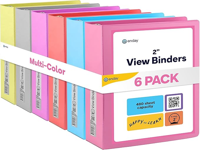 3 Slant D-Ring Binder 2 Inch Binder, 2 in Clear View Cover w/ 2 Inside Pocket, Heavy Duty Colored School Supplies Binders in Grey, Blue, Pink, Red, Green, Purple, Multicolor (6 PC) – by Enday