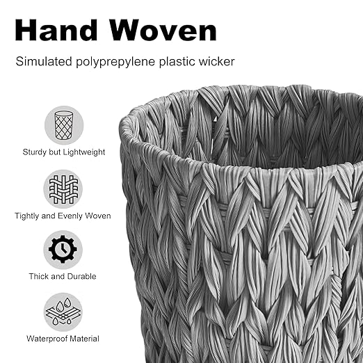 Wicker Trash Can,Small Bathroom Trash Can,Waterproof Wicker Waste Basket for Bathroom,Handwoven Wastebasket for Office,2 Gallon Grey Round