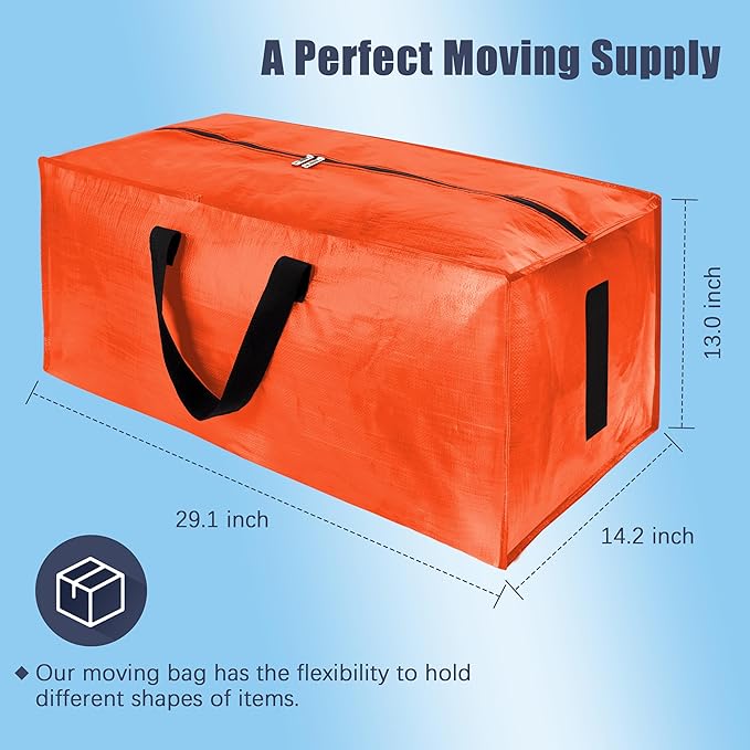 12 Pack Large Strong Moving Bags with Zippers & Carrying Handles - Water-Resistant - Heavy Duty Storage Tote for Space Saving, Fold Flat, Alternative to Moving Box (Orange)