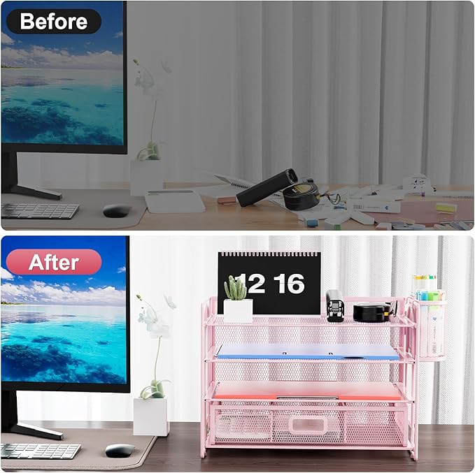 Marbrasse Desk Organizer and Accessories4-Tier Paper File Letter Tray Accessories & Workspace Desk Organizers with Drawer and 2 Pen Holders for School Home Office Supplies(Pink)