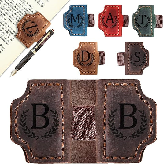 Bygone Mark Bookmark with Pen Holder, 26 Letters Name Initial Personalized Magnetic Bookmarks, Leather Book Mark for Men Women, Travelers Accessories, Teachers Readers Book Lovers Gifts (Coffee, B)
