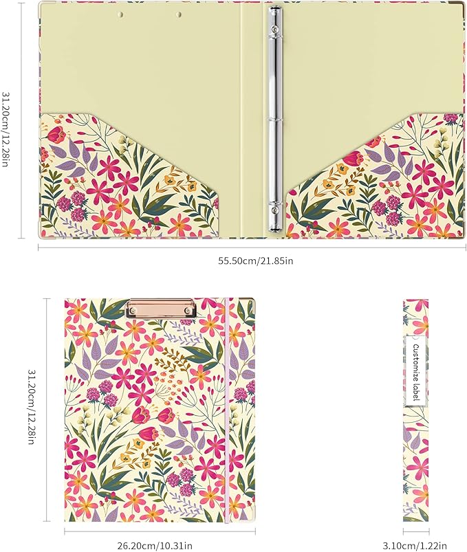 Ospelelf 3 Ring Binder, 1/2 Inch, Cute Floral Binder for Letter Size (11" x 8.5") with 5 Tab Dividers, File Folder Labels and Low Profile Clipboards