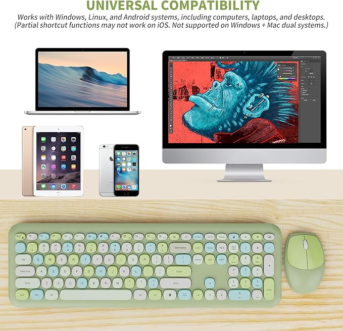 Wireless Keyboard and Mouse Combo, Colorful Ergonomic Full Size Retro Low-Noise Keyboard with Cute keycaps, Compatible with Windows, PC, Perfer for Home and Office Keyboards (Green)