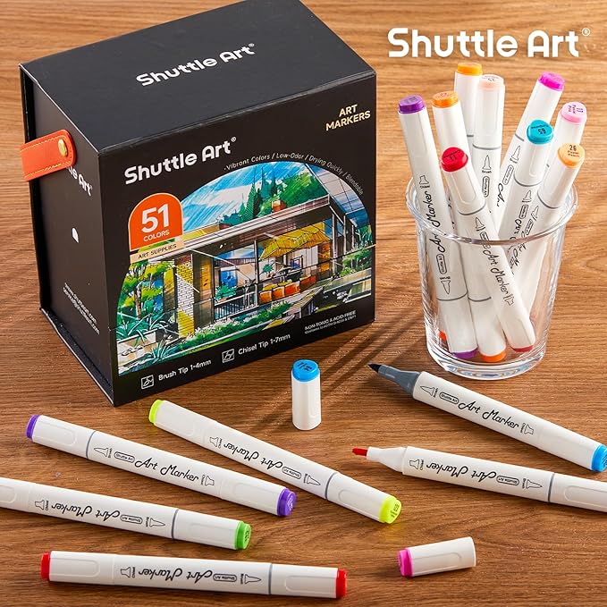 Shuttle Art Alcohol Markers Brush tip, Dual Tip Brush & Chisel Tip Art Marker Set, 50 Colors plus 1 Blender Permanent Marker Pens with Case Perfect for Illustration Students Adults Coloring