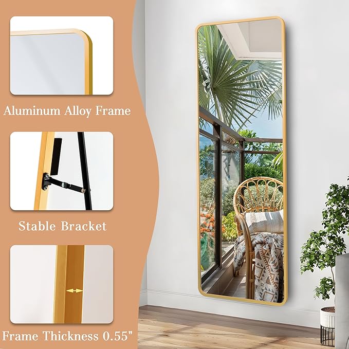 64"x21" Full Length Mirror Rectangle Body Dressing Floor Standing Mirrors for Bedroom & Cloakroom, Gold