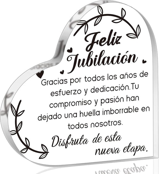 Yopyame Spanish Retirement Acrylic Gifts - Regalos para Feliz jubilación Heart Acrylic Plaque for Women Men Unique Acrylic Keepsake Paperweight for Retirees in Spanish Retirement Party Plaque Decor