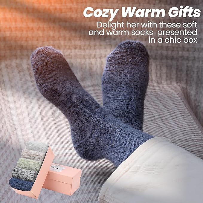 ICEIVY 5 Pair Fuzzy Cozy Socks for Women - Warm Comfy Soft Casual Home Sleep Winter Wool Socks - Gifts for Women