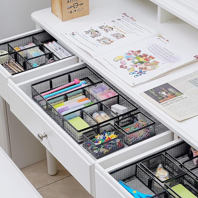 Marbrasse 3 Pack Desk Drawer Organizers with 9 Adjustable Compartments for Makeup, Office Supplies & Accessories (Black)