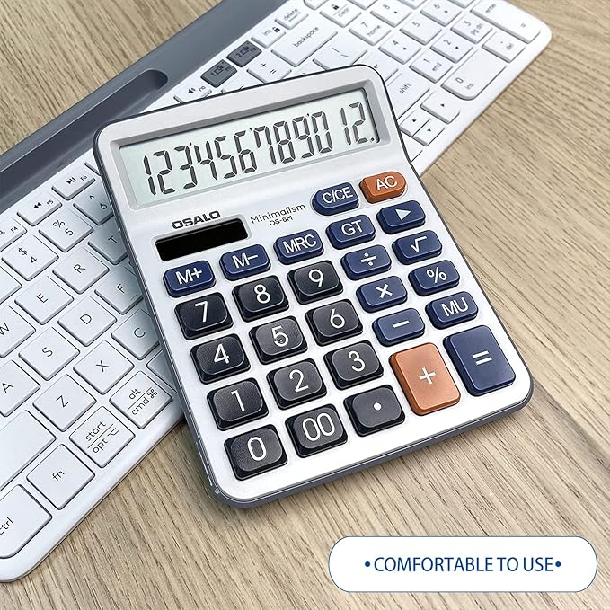 Desktop Calculator Large LCD Display 12 Digit Number Handheld Portable Pocket Basic Calculator with Big Soft Sensitive Button, Battery and Solar Powered, for Office Home School Use(OS-6M)