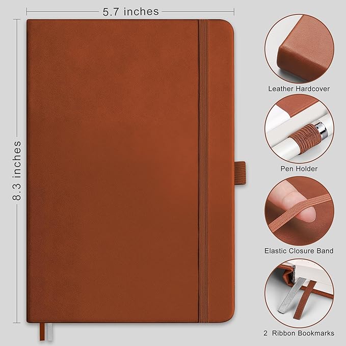 RETTACY Blank Journal Notebook, 192 Pages, A5 Medium Size (5.7'' x 8.3''), Leather Hardcover, 100 GSM Thick Paper, for Sketching, Drawing, Painting (Brown)