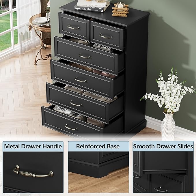 6 Drawer Dresser for Bedroom, 49" Tall Wooden Chest of Drawers, Rustic Farmhouse Dresser with Large Drawers & Metal Handles, Modern Storage Organizer for Closet, Living Room, Hallway, Black