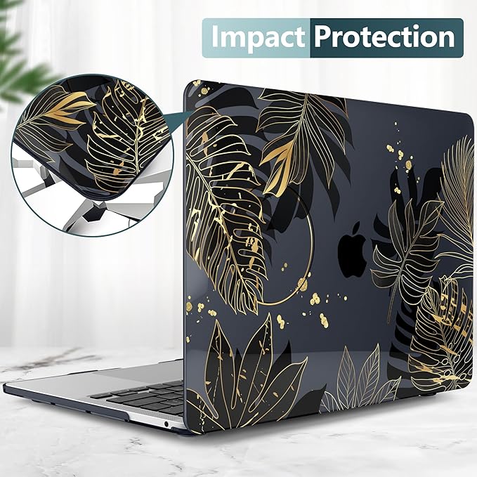 TWOLSKOO Compatible with MacBook Pro 13 inch Case 2023-2016 A2338 M2/M1 A2251 A2289 A2159 A1989 A1706, Plastic Hard Shell Cover & Keyboard Skin & Screen Protector - Golden Tropical Leaf