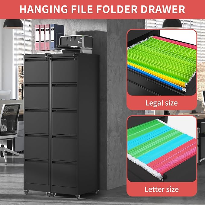 5 Drawer Locking File Cabinet with Wheels,Metal Mobile Filing Cabinets,Black Vertical File Cabinet for Home Office,Heavy Duty Storage Cabinet for A4/Letter/Legal Size File,Assembly Required
