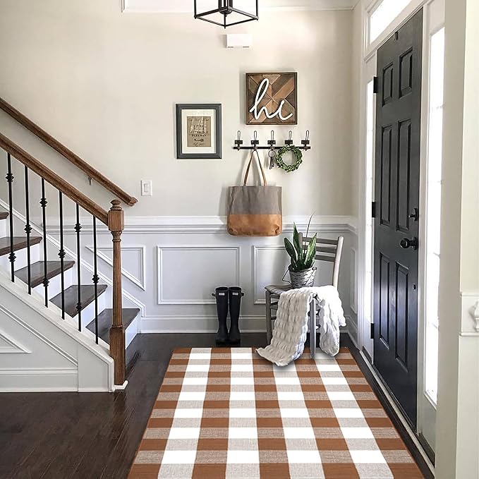 Buffalo Plaid Outdoor Rugs, 3'x5' Coffe and White Checkered Area Rug, Layering Rug for Hello/Welcome Door Mat, Washable Cotton Woven Farmhouse Mat for Front Porch Décor