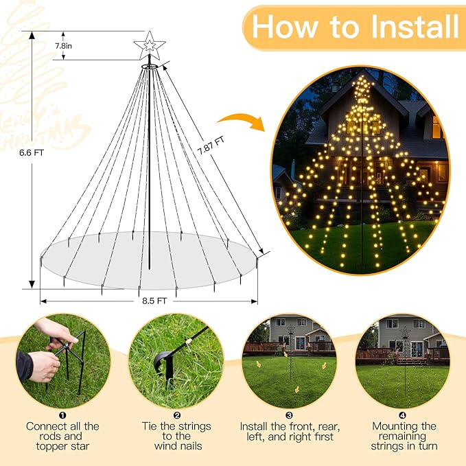 Christmas Tree Lights 340LED with Topper Star, IP67 Waterproof Remote Control Waterfall Lights with Pole, 16 Modes 3 Timers Dimmable Christmas Decorations for Outdoor Yard (Warm White)