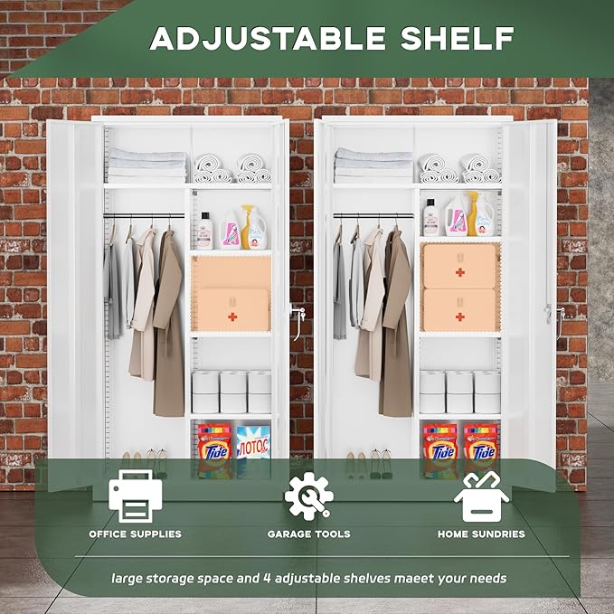 Greenvelly Metal Wardrobe Cabinet with Locking Doors, 72" H x 36" W White Metal Wardrobe Closet Cabinet with Hanging Rods and Adjustable Shelves, Steel Storage Closet for Home, Office, Employee, Gym