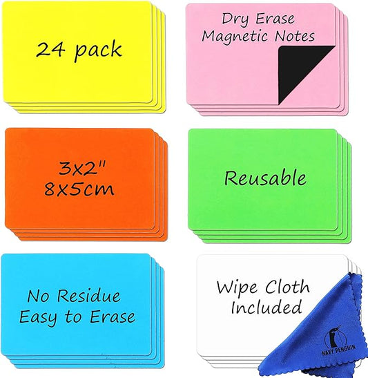 Dry Erase Magnets Set - 24 Pack - 3x2 in Whiteboard Magnetic Notes Planning Pads Labels - Small White Board Magnet Strips Name Tags for Home, Office and Classroom