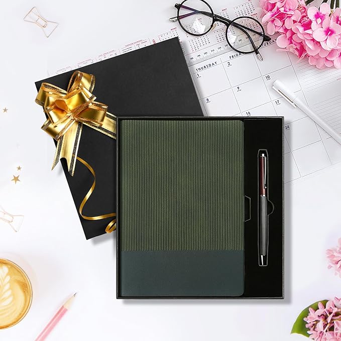 TSFPapier A5 Lined Notebook with Pen & Gift Box 216 Pages PU Leather Journal for Women Men 100GSM Thick Paper College Ruled Notebook for School,Travel,Business,Work,Home Writing (Dark Green)