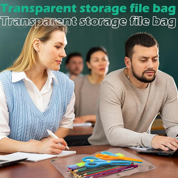 Lincia 24 Pack Clear Pencil Pouch for 3 Ring Binder Pencil Case with Metal Zipper 3 Ring Binder Pocket Inserts Bag 10 x 7'' Visible Cash Envelope with Re-enforced Grommet for College Office Supplies