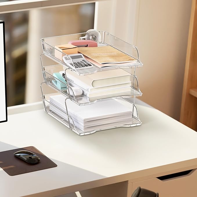 Simple Houseware 3-Tier Crystal Clear Stackable Document Letter Tray Paper Organizer – Desk Organizer for A4/Letter Size Documents, File Sorter, Paper Holder, Office Desktop File Storage, Acrylic Look