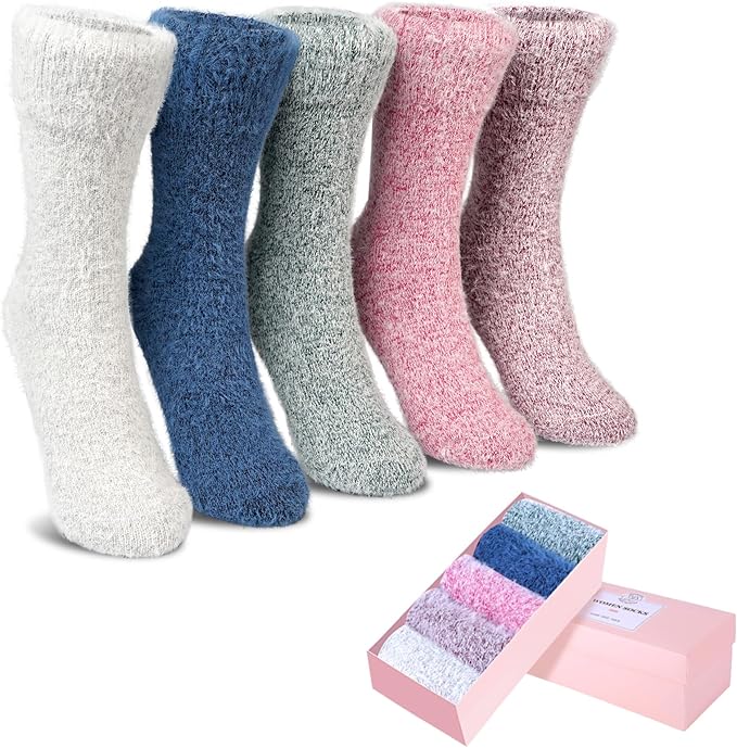 ICEIVY 5 Pair Fuzzy Cozy Socks for Women - Warm Comfy Soft Casual Home Sleep Winter Wool Socks - Gifts for Women