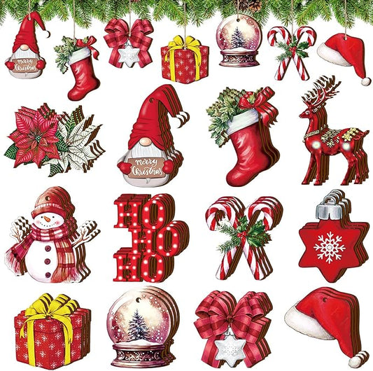 Huwena 36 Pcs Christmas Wooden Ornaments Red Xmas Tree Decorations Snowman Gnomes Poinsettia Flowers Truck Wreath Wood Cutouts Tags with Ropes Winter Christmas Decor for Xmas Tree Home Wreath Gifts