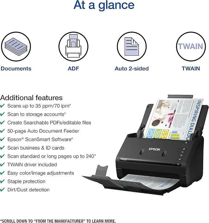 Epson Workforce ES-400 II Color Duplex Desktop Document Scanner for PC and Mac, with Auto Document Feeder (ADF) and Image Adjustment Tools, ES-400 II