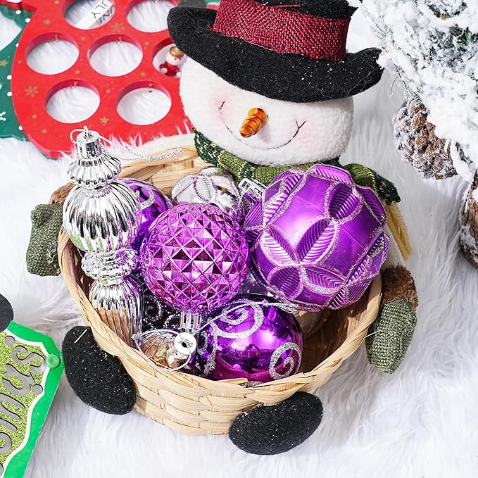 123pcs Christmas Ball Ornaments Set, Shatterproof Plastic Balls for Classic Xmas Decorations, Hanging Ornaments for Christmas Tree, Holiday, Bridal, Home Party, Purple and Silver