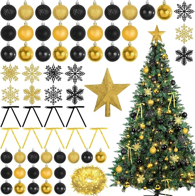 86Pcs Led Light Black and Gold Christmas Tree Decorations Set 100 Led Light Christmas Star Trees Topper with String Lights Xmas Balls Snowflakes Ornaments Bows Xmas Trees Decor 20m Light String