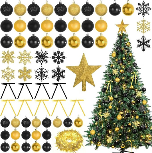 86Pcs Led Light Black and Gold Christmas Tree Decorations Set 100 Led Light Christmas Star Trees Topper with String Lights Xmas Balls Snowflakes Ornaments Bows Xmas Trees Decor 20m Light String
