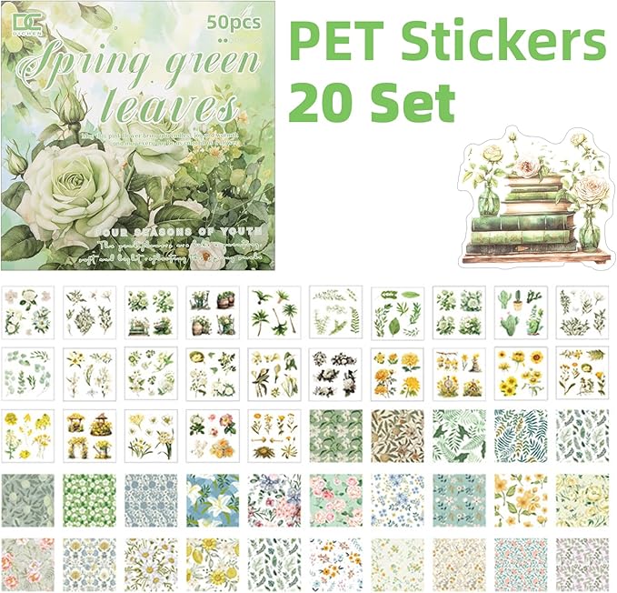 Green Leaf Theme Sticker Scrapbooking Supplies for Junk Journal 50 Sheets, Include 25 PET Stickers and 25 Paper of Scene Material Paper - Vintage Journaling Stickers (TZ-006-008)