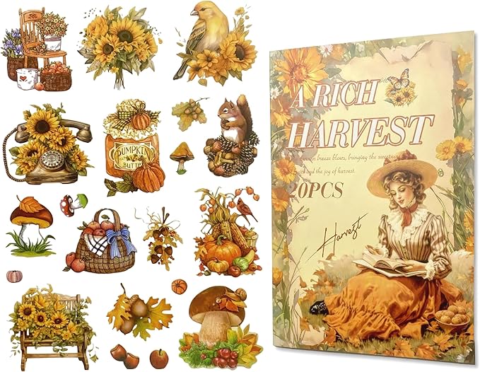 TIAMECH Harvest Overflows Sticker Book - Rich Fall Series, 20 Sheets PET & Washi Stickers for Scrapbooking, Ephemera, Waterproof Junk Journaling Supplies & DIY Crafts (Size 10.5 x 7.1in)