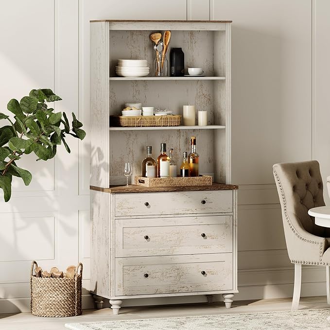 WAMPAT 3 Tier Bookshelf with 3 Drawers, 72" Tall Bookcase Large Farmhouse Display Book Case Shelf with 3-Tier Open Book Shelfs，Library Wood Bookshelves for Living Room,Kitchen, Rustic White