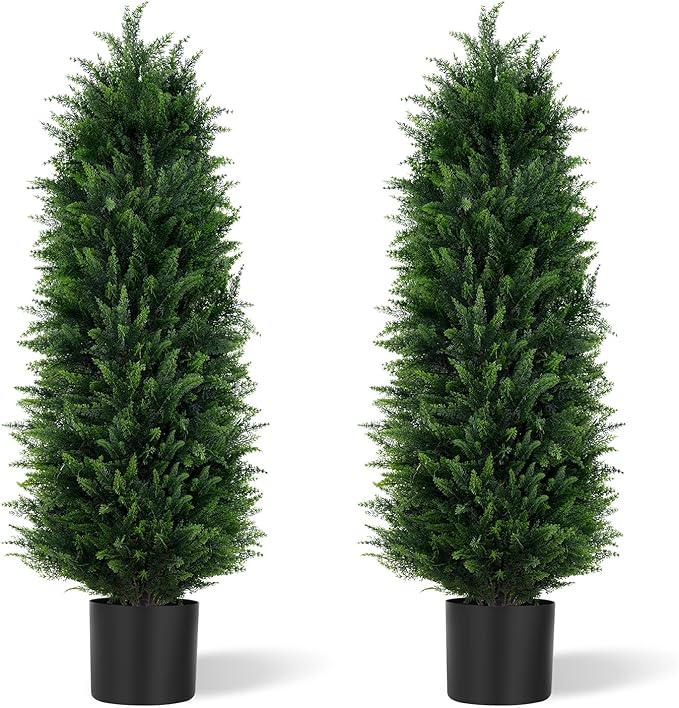 Artificial Cedar Trees, 4FT Tall Faux Tree Potted Plants with Trunk 48in Fake Cypress Tree for Indoor Outdoor Front Porch Garden Decor-2pack
