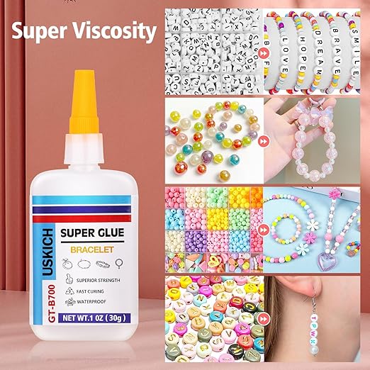 Super Glue for Jewelry Bracelet with Anti Clog Cap. 6 X 1 Fl Oz,Ca Glue - Adhesive Clear Glue for Bracelets,Necklaces,Clay Beads, Bead Charms, Punctuation Beads,Heishi Beads,Quick Dry