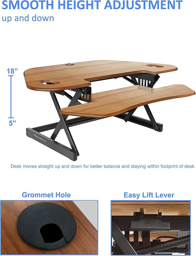 Rocelco 46" Height Adjustable Corner Standing Desk Converter with Dual Monitor Stand Bundle - Sit Stand Up Computer Workstation Riser - Extra Large Keyboard Tray - Teak Wood Grain (R CADRT-46-DMS)