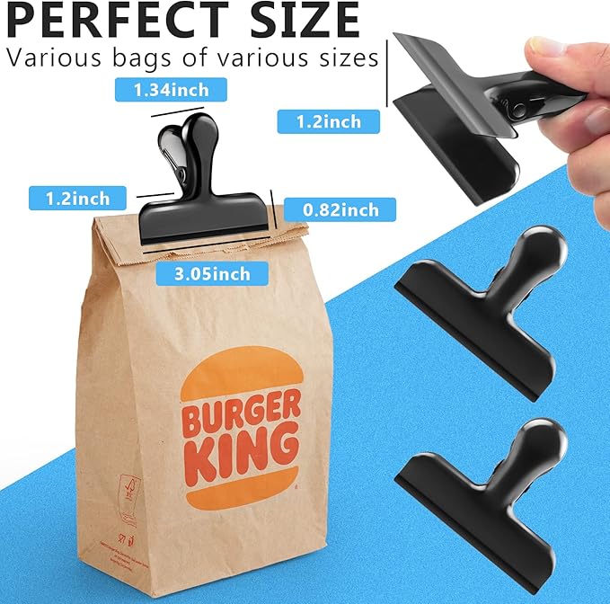 20 Pack 3 Inch Wide Stainless Steel Chip Clips Heavy Duty Food Bag Clamp, All-Purpose Air Tight Grip Clips for Kitchen Office to Seal Coffee Bags, Paper Sheets