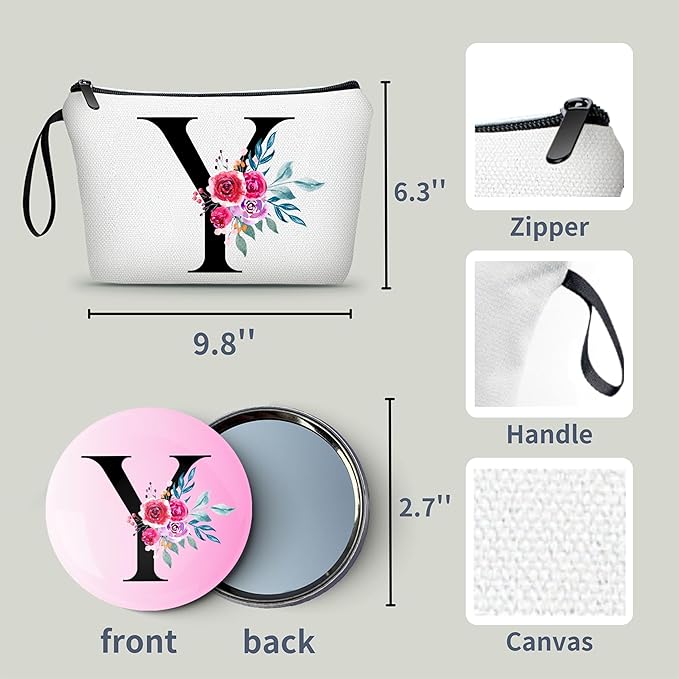 Best Friend Birthday Gifts for Women,Initial Makeup Bag,Cosmetic Bag With Mirror,Personalized Gifts,Maid Of Honor Gifts,Small Makeup Bag for Purse,Besties Gifts for Women,(Y)
