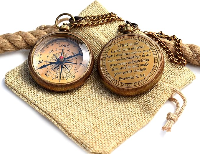 Trust in The Lord With All Your Heart - Proverbs 3:5-6 Quote Engraved Compass With Wooden Box, Greeting Card, Gift Compass, Graduation Day Gifts 2024 for Women Men Boys Girls