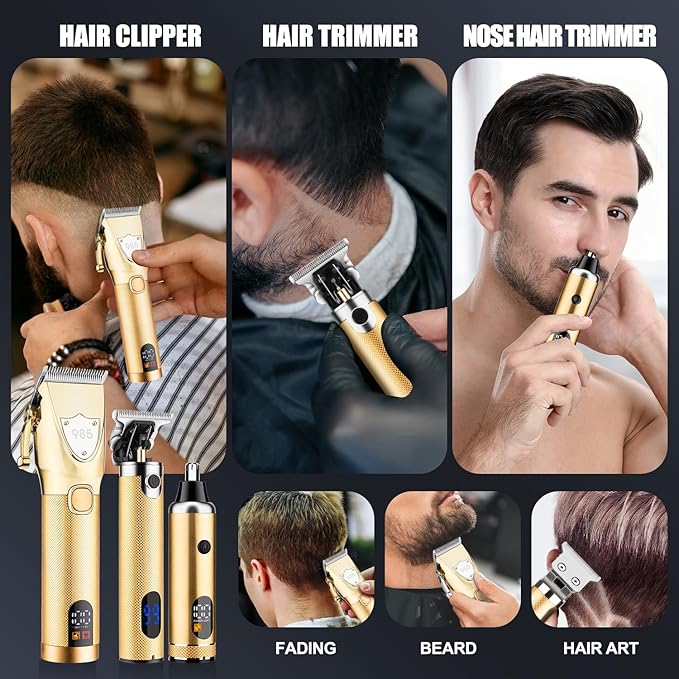 RESUXI Hair Clipper for Men T Blade Zero Gapped Nose Hair Trimmer Set,Professional Cordless Barber Clippers Hair Cutting Machine Haircut Grooming Kit,Gold